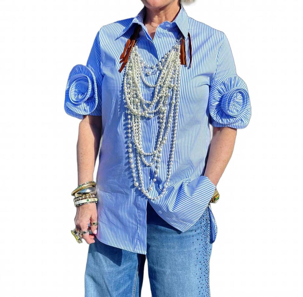NEW RAVEL vernal button-up top in blue and white